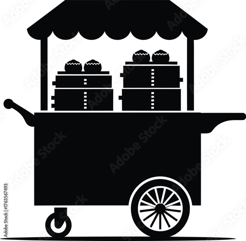 Dim Sum Street Food Cart Icon Black Silhouette Vector Illustration Asian Steamer Pushcart Glyph
