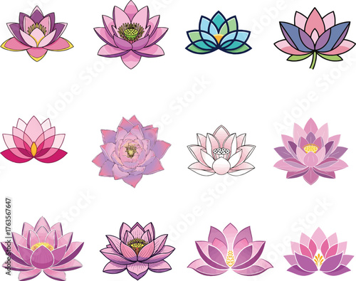 Various stylized lotus flower illustrations in different colors, shapes and designs