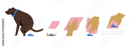 Clean up after dog, infographic. Puppy pooing, poop cleanup with hand and bag, throwing collected feces to trash bin. Pet waste, hygiene. Flat vector illustration isolated on white background.