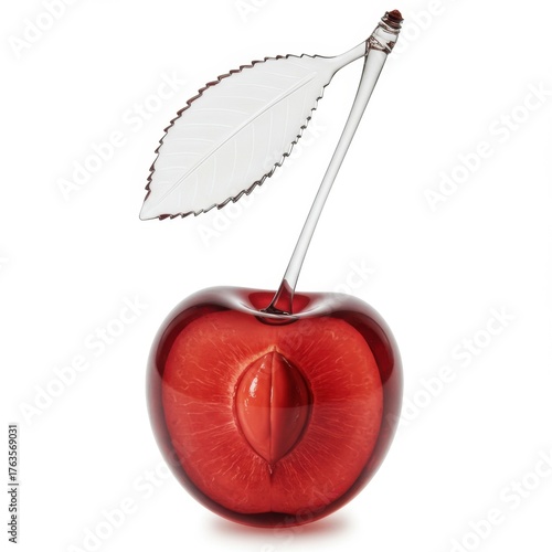 Transparent glass cherry with visible pit and leaf
