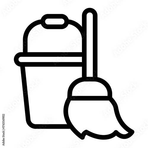 Bucket and broom line icon, spring season concept. Vector graphics. Floor cleaning work, housework sign on white background, style icon mobile or web design.