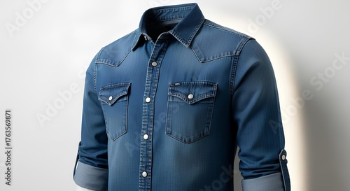 Men’s casual denim snap shirt on white backdrop, snap detail and yoke visible, studio rim light.
