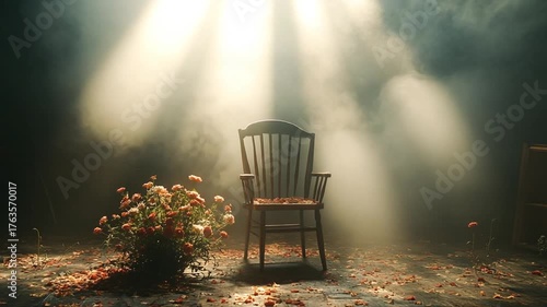 A solitary chair surrounded by flowers in soft light