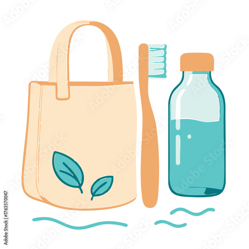 Eco-friendly lifestyle choices. A glowing illustration of a reusable tote bag, a bamboo toothbrush, and a water bottle to promote zero waste living.