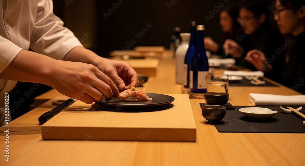 Fototapeta premium Chef meticulously preparing a dish in a restaurant setting, serving customers.