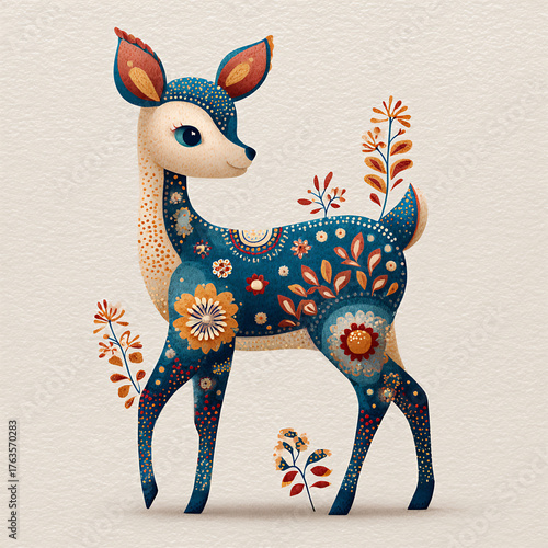 Colorful and whimsical deer surrounded by flowers in a vibrant artistic style