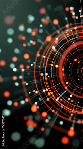 Digital data network connecting points with circular energy. Vertical wallpaper.