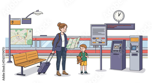 Family travel at train station: mother and child navigating journey