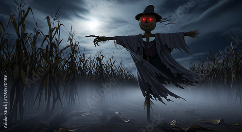 Creepy scarecrow standing in dark cornfield at night
