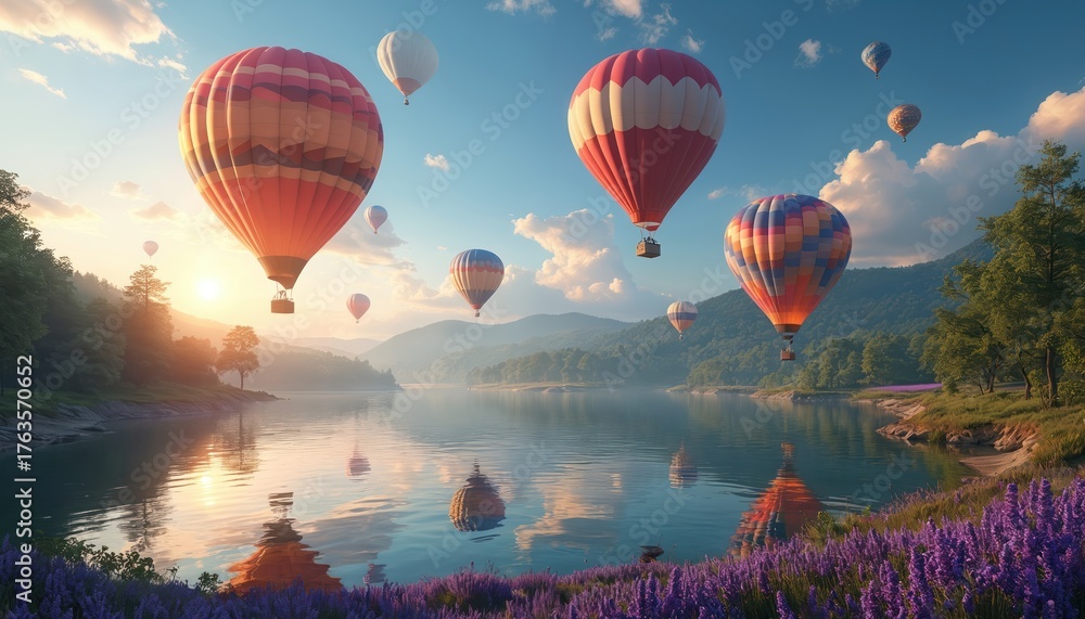 Fototapeta premium Colorful hot air balloons float over calm lake at sunrise. Lush green hills and purple flowers surround water reflecting sky. Peaceful morning nature scene.