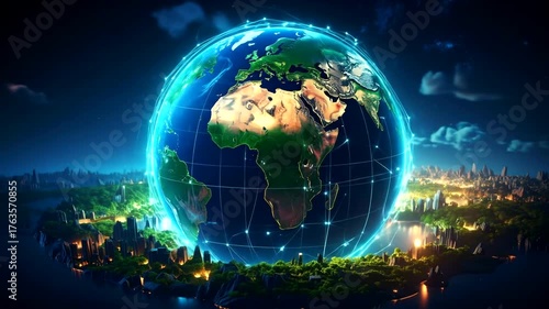 Glowing digital earth sphere over illuminated futuristic cityscape at night