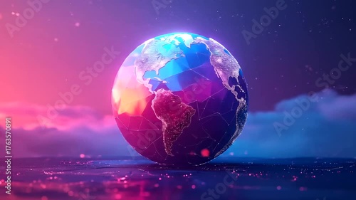 Stylized geometric globe resting on reflective surface against vibrant sunset