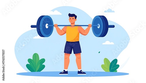 An illustration shows a person lifting a barbell overhead, standing outdoors, surrounded by abstract plants and clouds. The person wears activewear