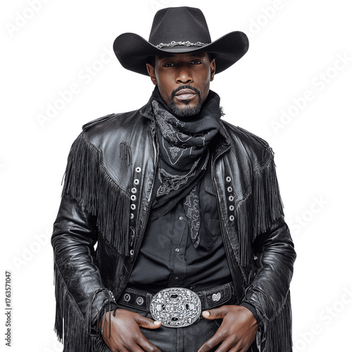 African American Cowboy in Black Leather with Fringe, Photorealistic Portrait, isolated on white background 