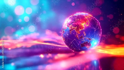 Glowing digital sphere representing global connectivity on futuristic neon surface