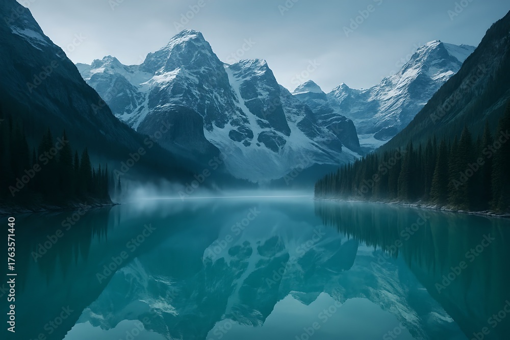Fototapeta premium Turquoise glacier lake reflecting snowy mountain peaks and pine forests in calm cinematic atmosphere