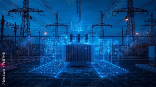 Illuminated electrical transformer at a power substation with transmission towers at night time