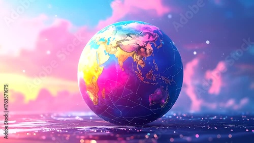 Vibrant planet resting on glowing surface against colorful sky