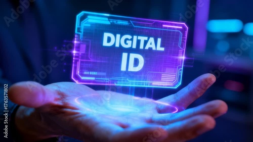 A hand holds a glowing holographic DIGITAL ID with neon blue and purple lights, showcasing futuristic technology and digital security in a high-tech environment