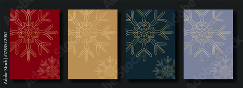 Minimalist premium Christmas and New Year greeting card with golden snowflake of red, beige, dark and grey background. Vector vertical template of modern minimal business style, stylish design.