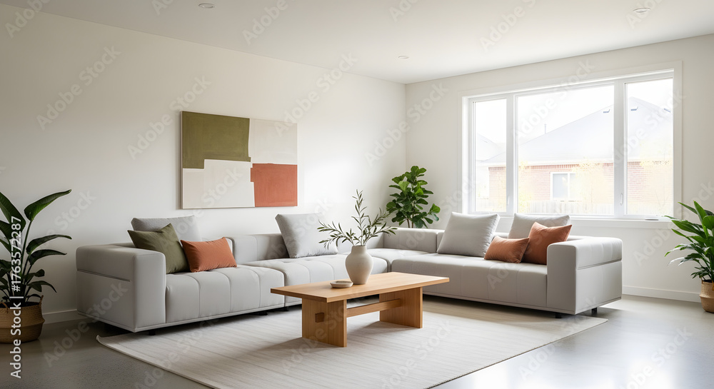 Fototapeta premium Elegant modern living room with stylish sofa and natural light, perfect for relaxing