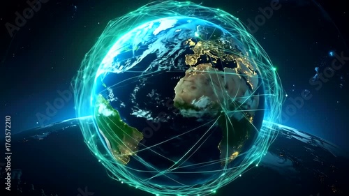 Planet Earth surrounded by illuminated digital network orbits against deep space background