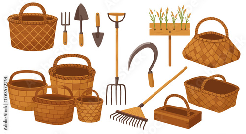 Rustic farming tools and woven baskets collection in flat design