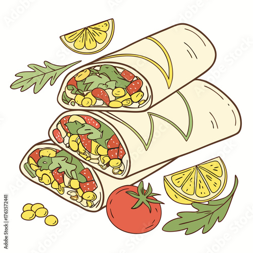 Stack of Freshly Cut Burritos with Meat, Vegetables, Corn, and Fresh Garnishes
