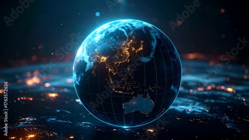 Illuminated terrestrial sphere seen from space at night showing continental landmasses and city lights