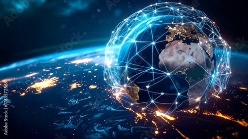 Illuminated planet surface viewed from space with digital network overlay