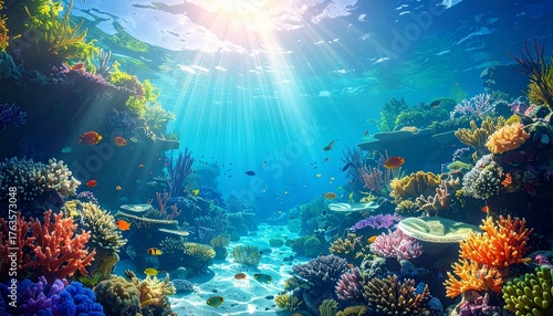 Fototapeta Naklejka Na Ścianę i Meble -  Sunlit underwater paradise with a vibrant coral reef teeming with colorful fish, showcasing the breathtaking beauty of marine life and ocean depths