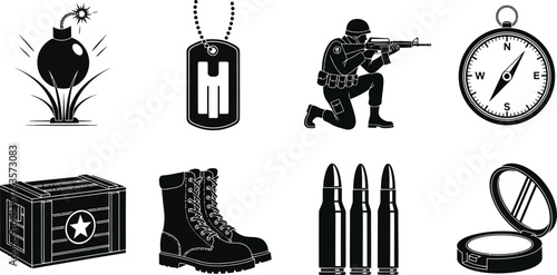 Military themed icons featuring soldier bomb compass and other objects