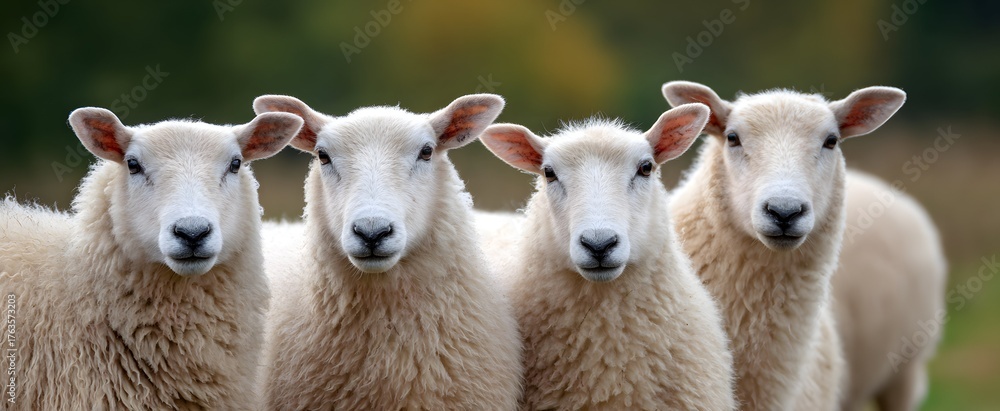 Obraz premium A group of fluffy sheep gathered closely in a green meadow.
