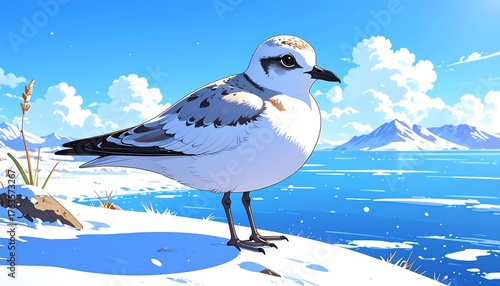 An illustration shows a small, plump bird perched on a snow-covered bank, overlooking a frozen landscape. A blue sky and mountains form a background