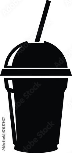 Black vector silhouette icon of a disposable takeaway cup with a domed lid and drinking straw for cold beverages or milkshakes