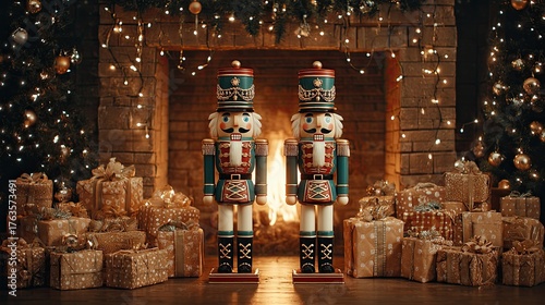 Two wooden nutcracker soldiers standing by fireplace with Christmas gifts and warm festive decorations