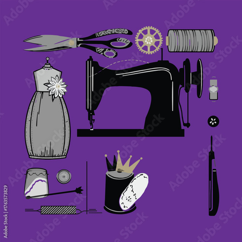 Retro Sewing Machine and Dressmakers Equipment Flat Design Vector Illustration Set