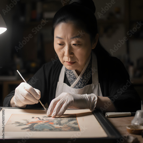 Art conservator woman carefully restoring traditional Asian painting with precision tools in professional studio workspace under lamp
