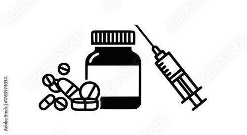 Monochromatic vector icon set: bold black line art illustration of a prescription pill bottle, assorted medicine pills and capsules, and a hypodermic syringe and needle.