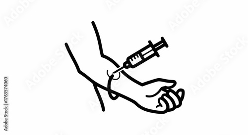 Simple line-art vector illustration of a hypodermic syringe giving an injection into the forearm or inner elbow, symbolizing vaccination, medical procedure, blood test, or intravenous substance abuse