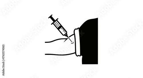 Close-up vector illustration of a hypodermic syringe needle penetrating a vein in the arm, depicting injection, drug administration, vaccination, blood donation, or intravenous substance abuse.