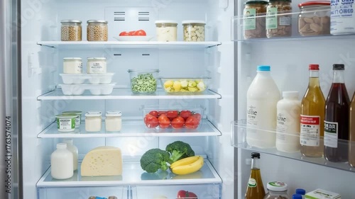 Refrigerator with fresh food inside, fridge full of vegetables, drinks, fruits and groceries, refrigerator used in kitchen for meal prep, grocery storage and healthy home lifestyle