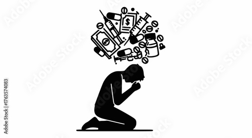 Silhouette vector of a person kneeling in distress, head bowed, overwhelmed by a thought bubble containing money, pills, and syringes, symbolizing the crippling financial and mental burden of drug add