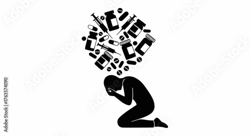 Silhouette of a person kneeling in distress, head in hands, overwhelmed by a thought bubble of pills, syringes, and medicine bottles, illustrating drug addiction, prescription abuse, and mental health