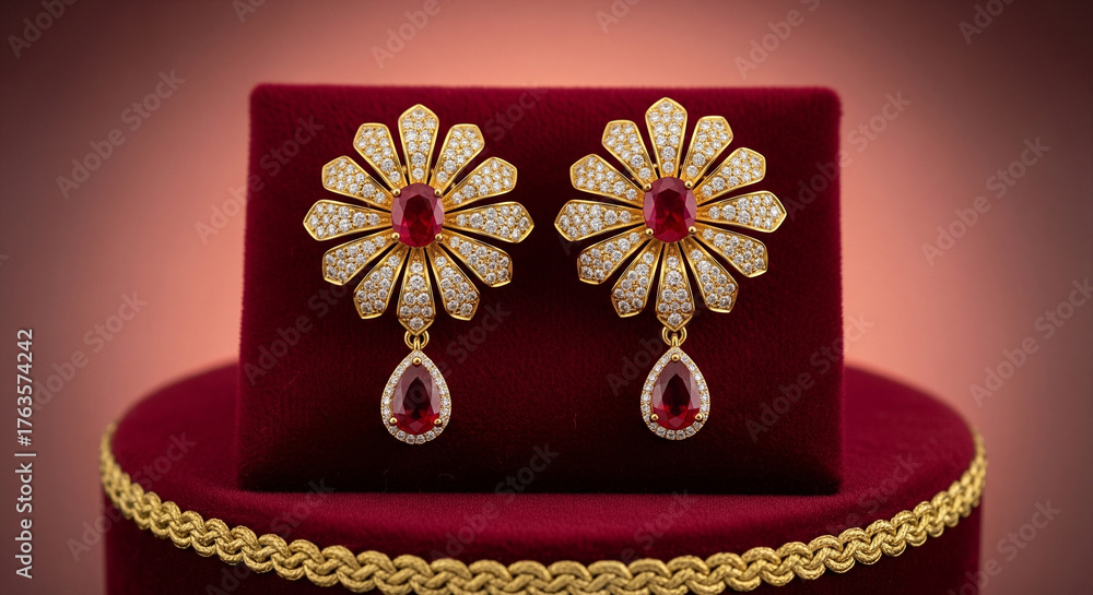 Obraz premium Exquisite Ruby & Diamond Floral Earrings in Gold Exuding Luxury and Elegance Perfect for Special Occasions
