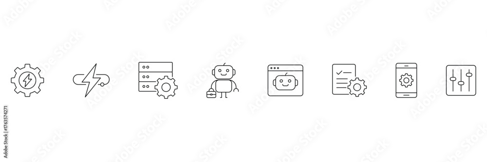 Fototapeta premium Business automation, ai technology, chatbot interface, mobile settings, workflow optimization, data management, robot assistant, control panel icon vector illustration
