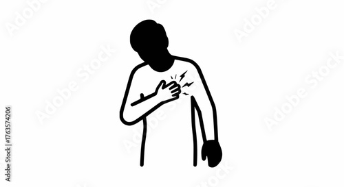 Person clutching chest with pain lines: Heart attack, chest pain, and medical emergency line art