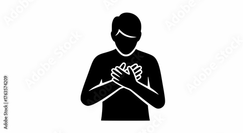 Person clutching chest: Heart pain, anxiety, and gratitude gesture silhouette icon.