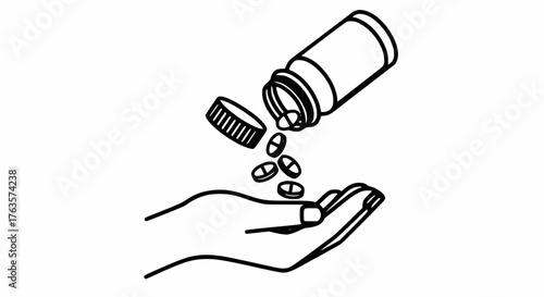 Pills pouring from a bottle into an open hand: Medication, dosage, and prescription line art.