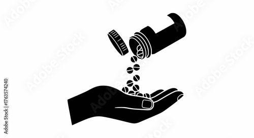 Pills pouring from a bottle into a hand: Medication, dosage, and prescription graphic.